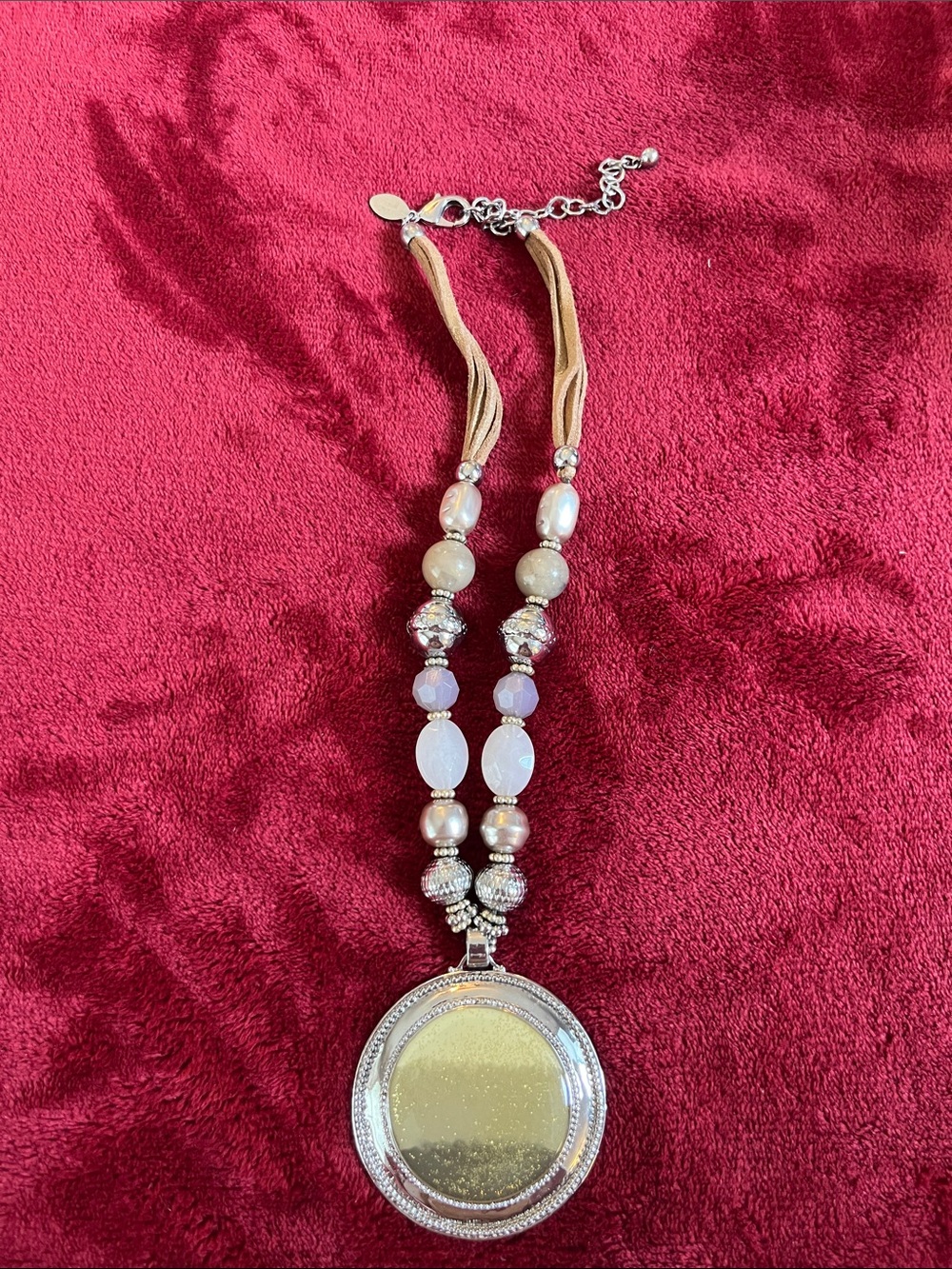 Chico's Silver-Tone Round Pendant Necklace with Beige Cord and Pearlescent Beads